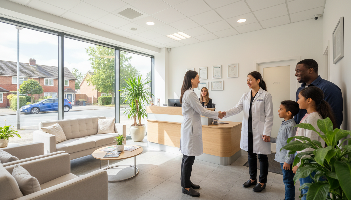 Professional dentist warmly greeting patients in a modern dental clinic reception area with natural lighting and comfortable seating