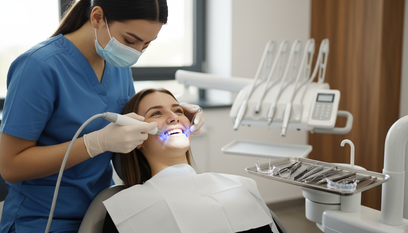 Patient receiving professional teeth whitening treatment at a modern dental clinic with natural lighting and contemporary equipment