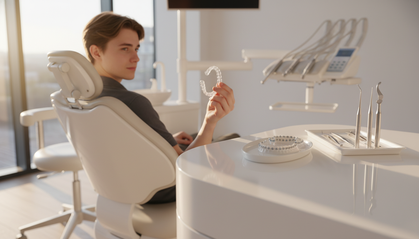 Patient in modern dental office comparing Invisalign clear aligners and traditional braces during orthodontic consultation to help decide between invisalign vs braces treatment options